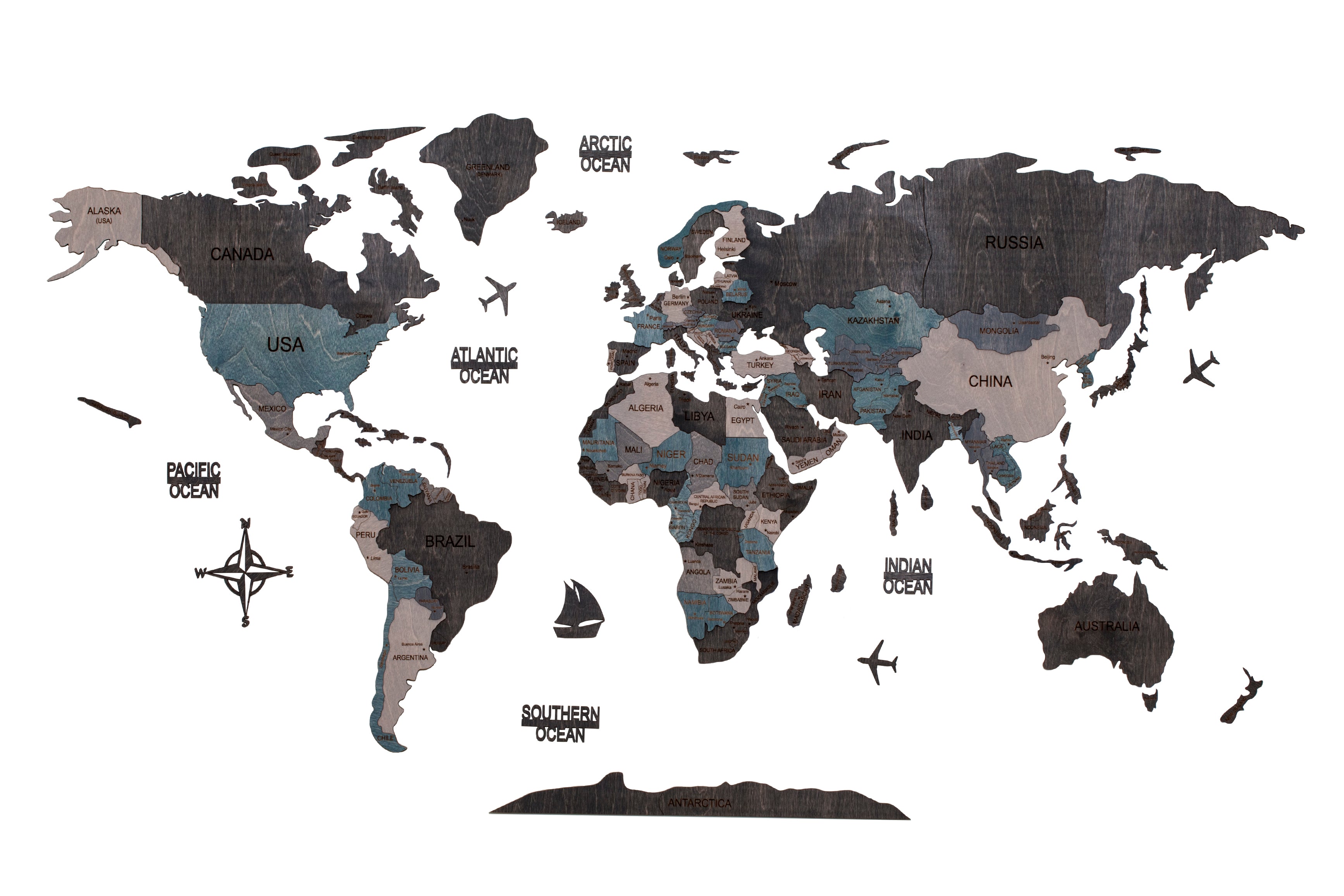 Wooden World Map 200x100 cm dark gray (3) standard