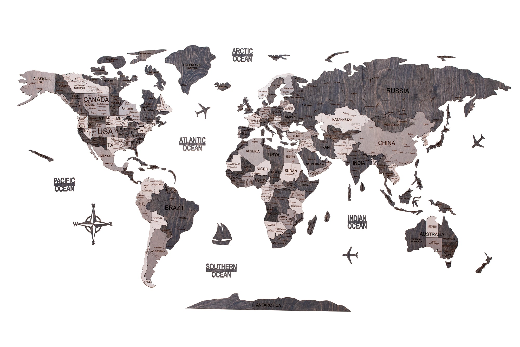 Wooden World Map 150x75 cm light gray full